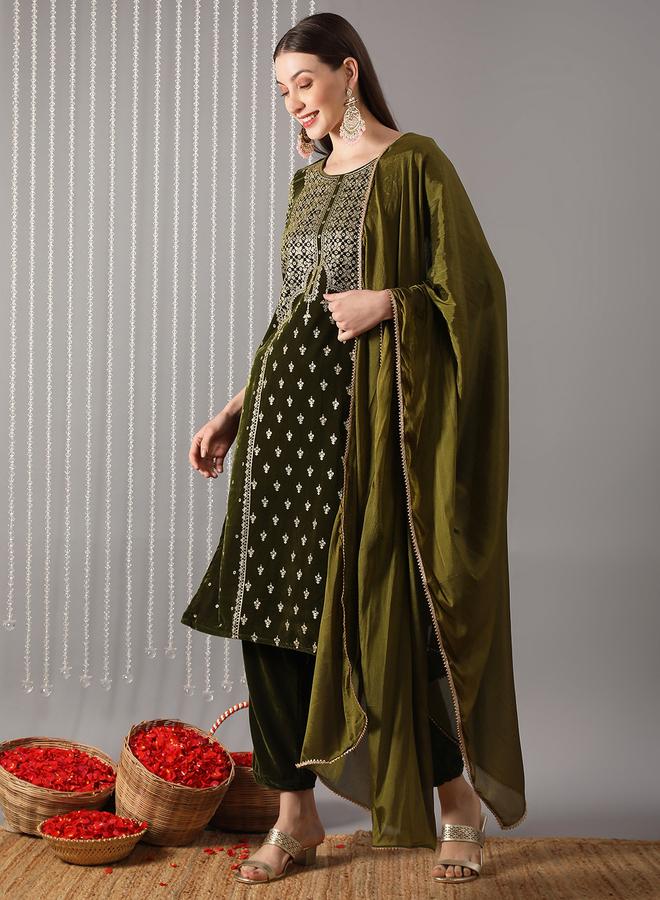 globus Women Green Ethnic Print Straight Kurta with Pant and Dupatta Set - Image 1